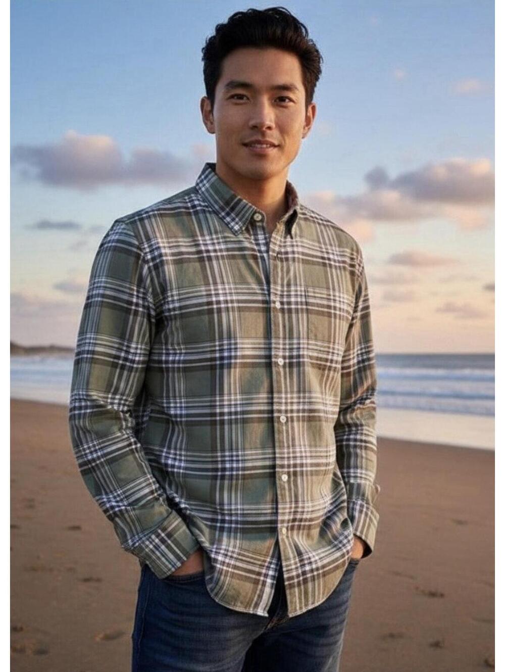 INDUSTRY NWT MENS COTTON PLAID SHIRT IN GREEN-SIZE XL